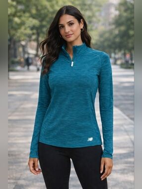 New Balance Women's Teal Heather Quarter-Zip Long Sleeve Top Small